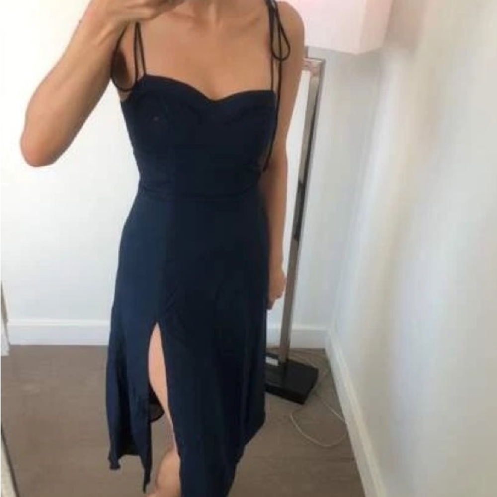 Tie shoulder bustier split navy blue midi dress